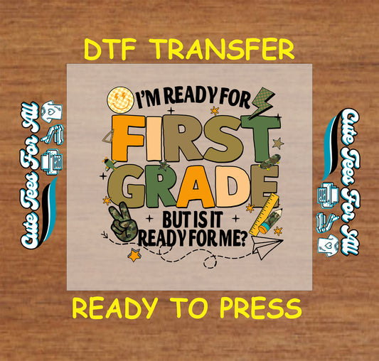 First Grade dtf transfer with bold letters, peace sign, and school icons ready to press

