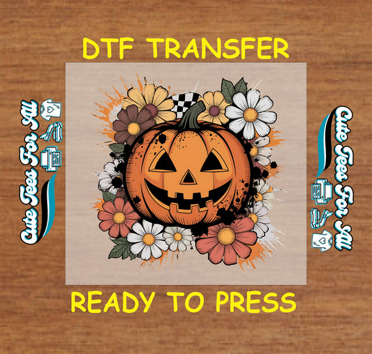 Smiling pumpkin with floral border and checkered accent ready to press dtf transfer

