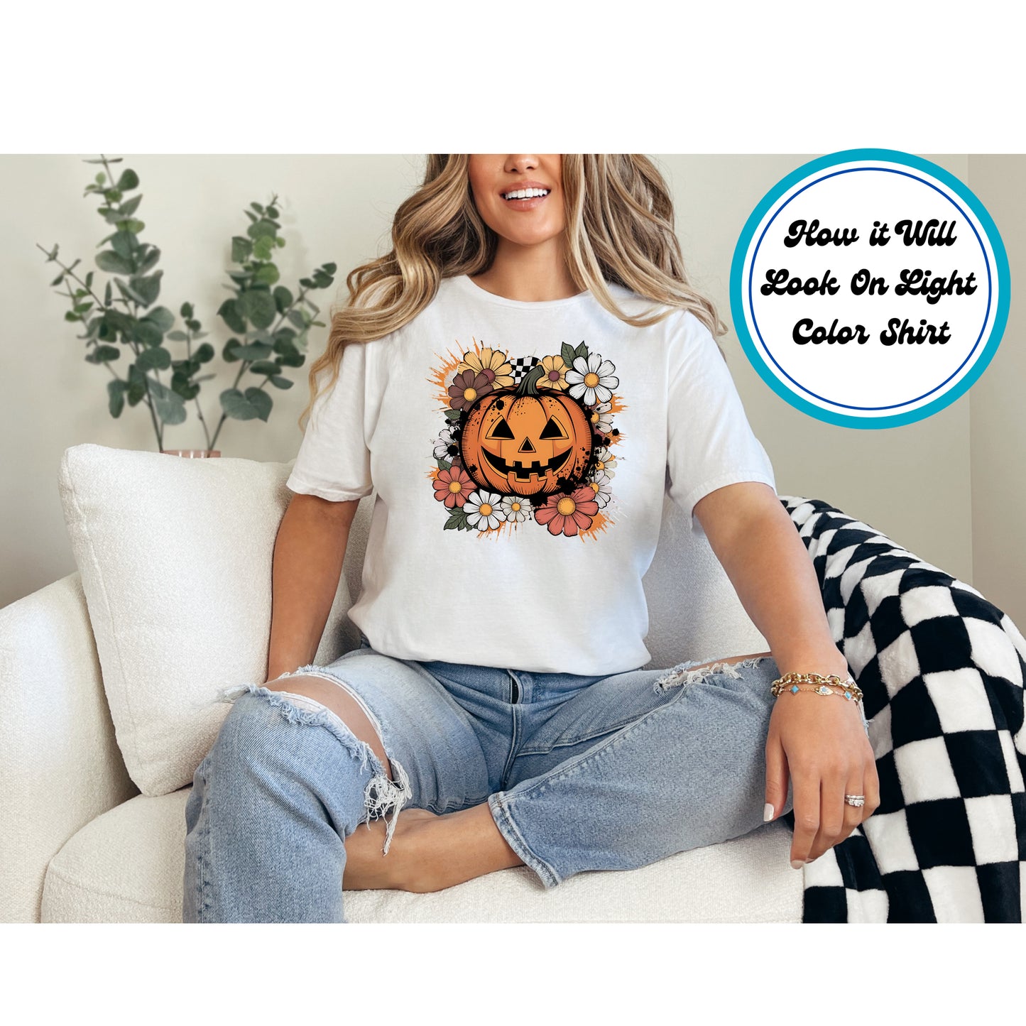 Pumpkin Face with Flowers DTF Transfer – Fall Halloween Ready to Press Iron on Heat Transfer DIY Shirts 10996