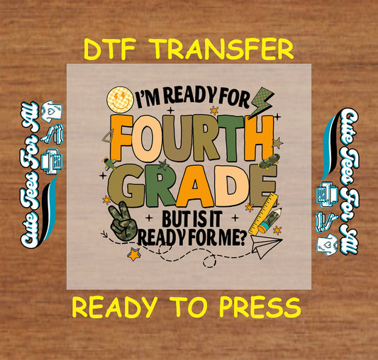Fourth Grade dtf transfer with school icons, stars, peace sign and bold lettering ready to press

