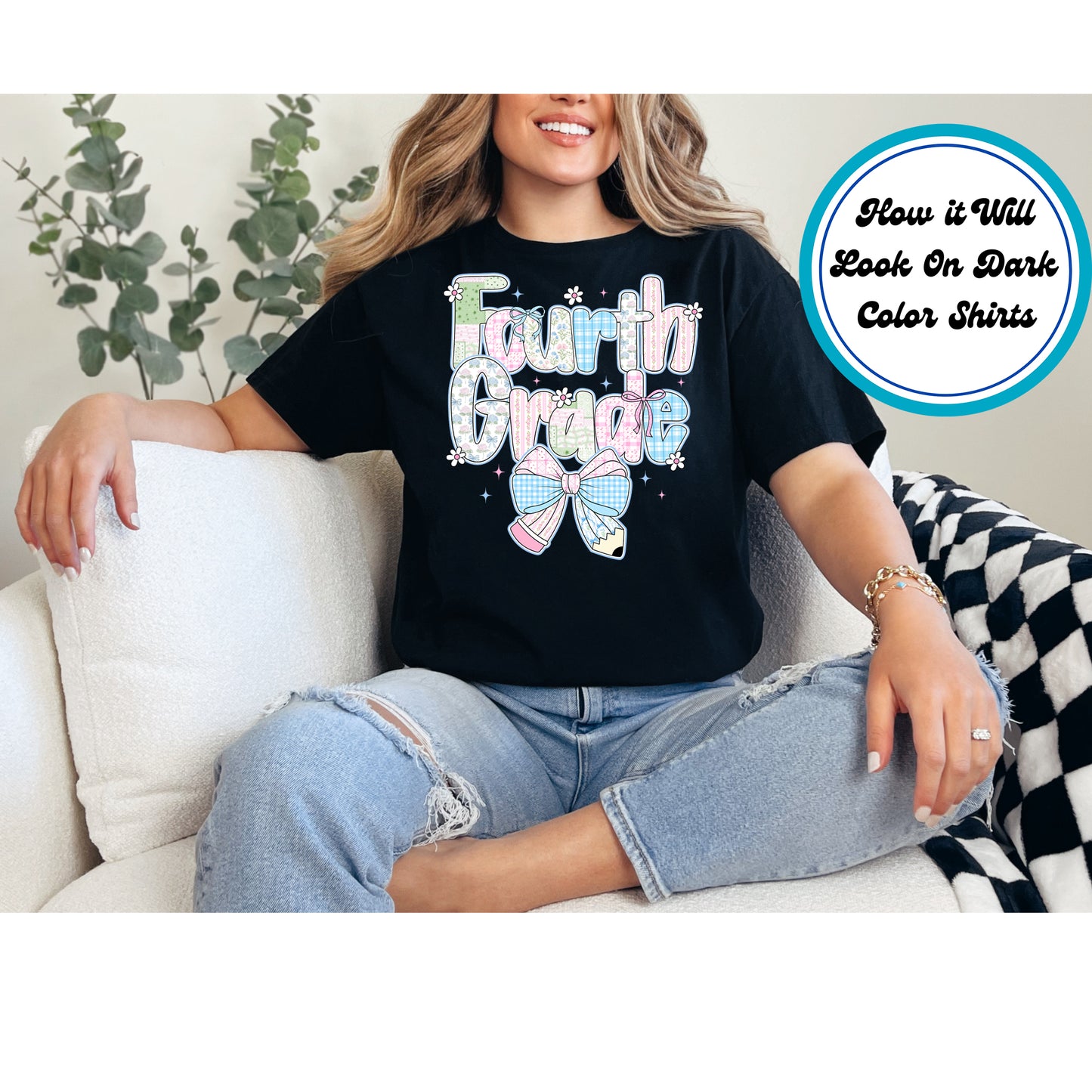 School DTF Transfer – Fourth Grade Pastel Pencil Bow Ready to Press Iron on Heat Transfer DIY Shirts 11002