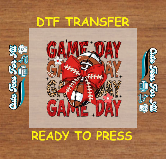Game Day dtf transfer with football, red bow, and stacked lettering ready to press

