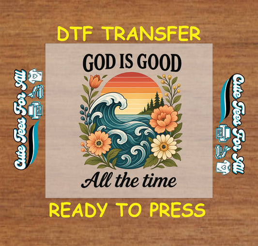 Inspirational faith ready to press dtf transfer with floral ocean sunset and religious quote

