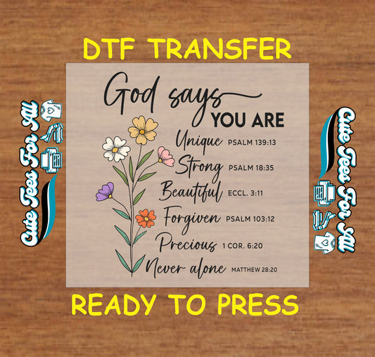 Ready to press dtf transfer with floral stem and affirmations with Bible verses for DIY faith shirts

