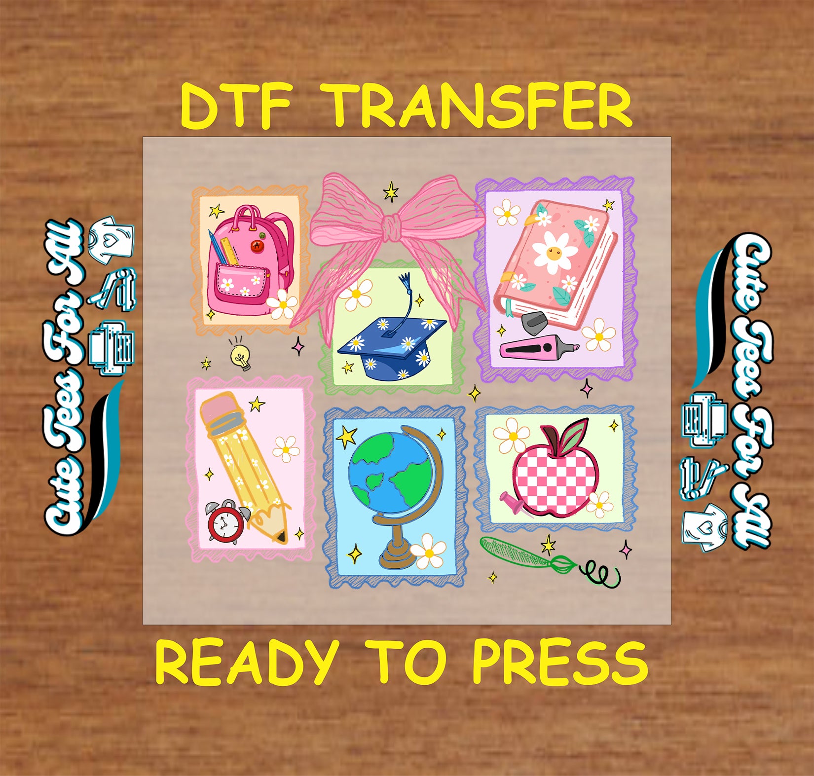 Back to school patch dtf transfer with pencil, globe, apple, bow, and books ready to press

