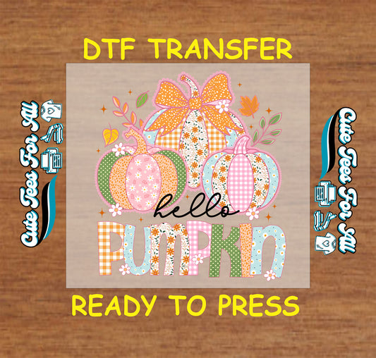 Ready to press dtf transfer with pastel patchwork pumpkins, bow, and floral autumn accents for DIY fall shirts


