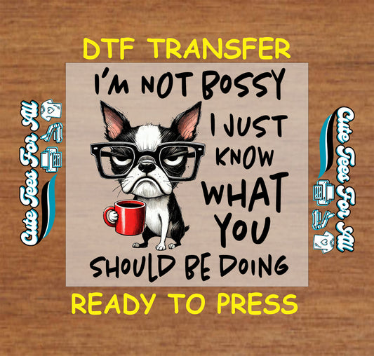 Ready to press dtf transfer with Boston Terrier holding coffee mug and sarcastic quote for DIY shirts


