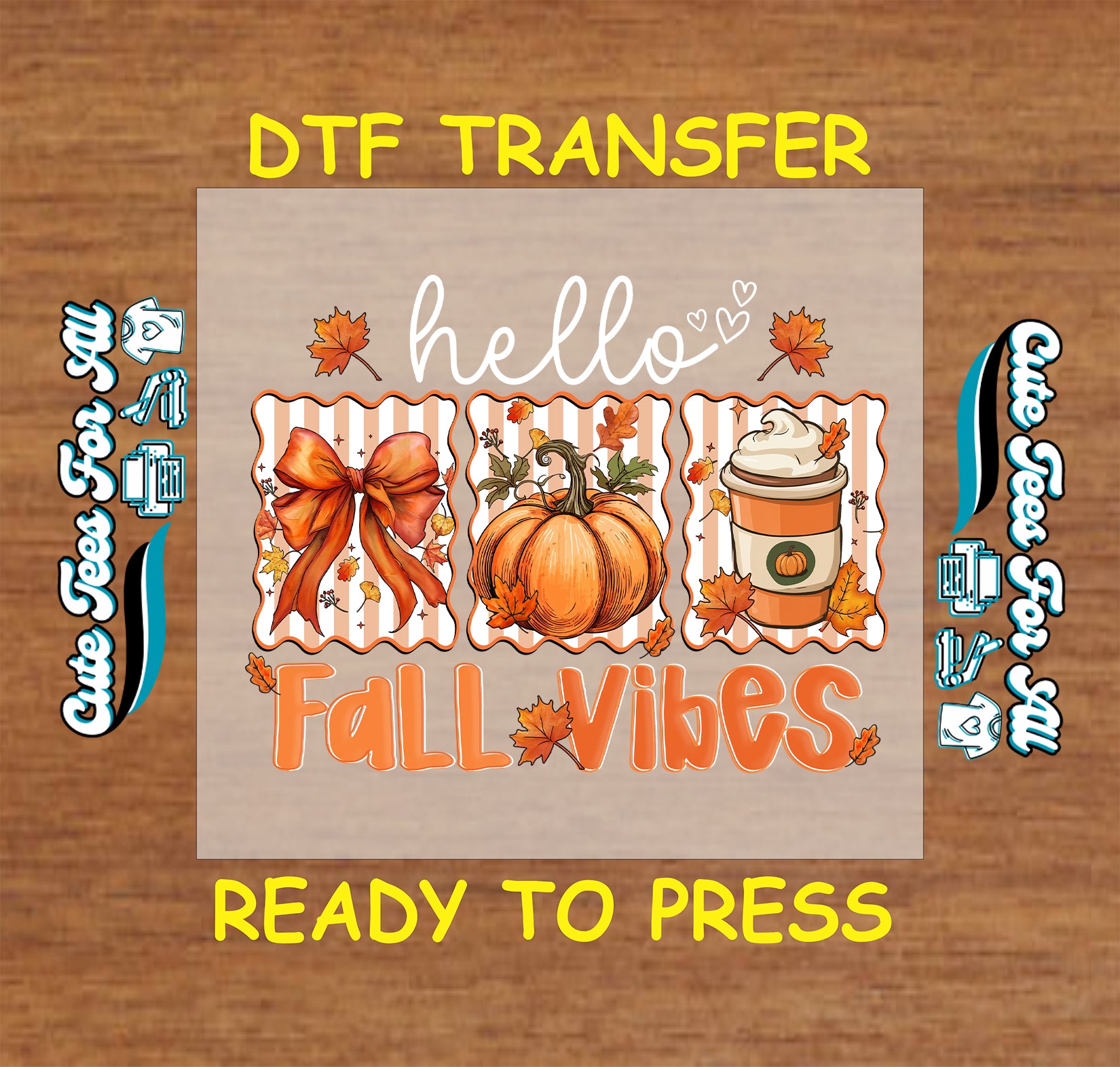 Hello fall vibes dtf transfer with bow, pumpkin, coffee cup, and autumn leaves ready to press

