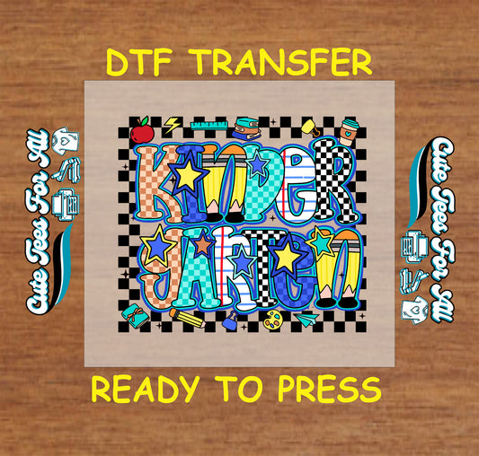 Kindergarten ready to press dtf transfer with checkerboard background and colorful stars

