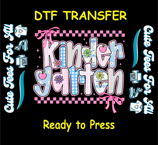 Ready to press dtf transfer with colorful "Kindergarten" text, bows, apples, gingham, flowers for DIY school shirts

