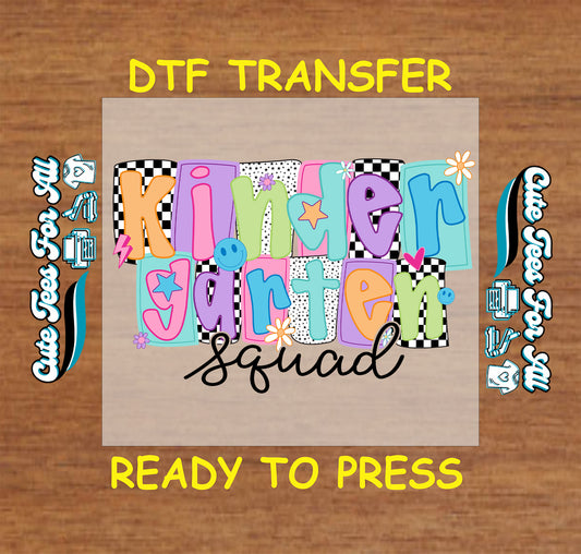 Kindergarten squad ready to press dtf transfer with pastel letters and checkerboard accents


