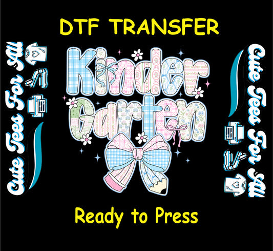 Ready to press dtf transfer with pastel “Kindergarten” text, gingham pencil bow, floral letters, and daisies for school shirts