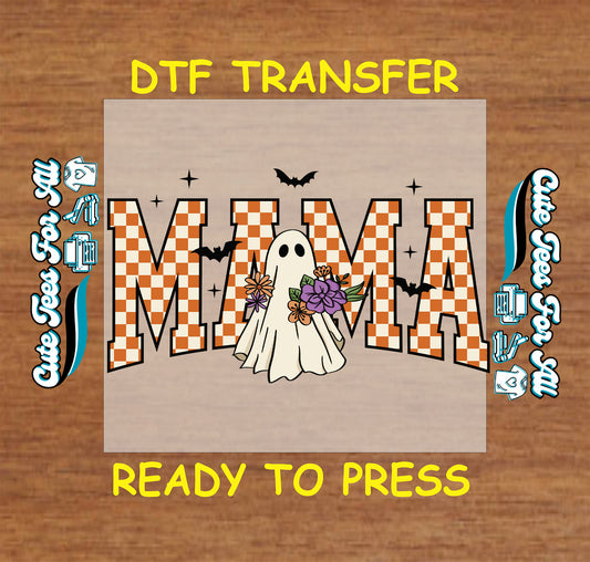 Halloween mama dtf transfer with orange checkered text, ghost, bats, and flowers ready to press

