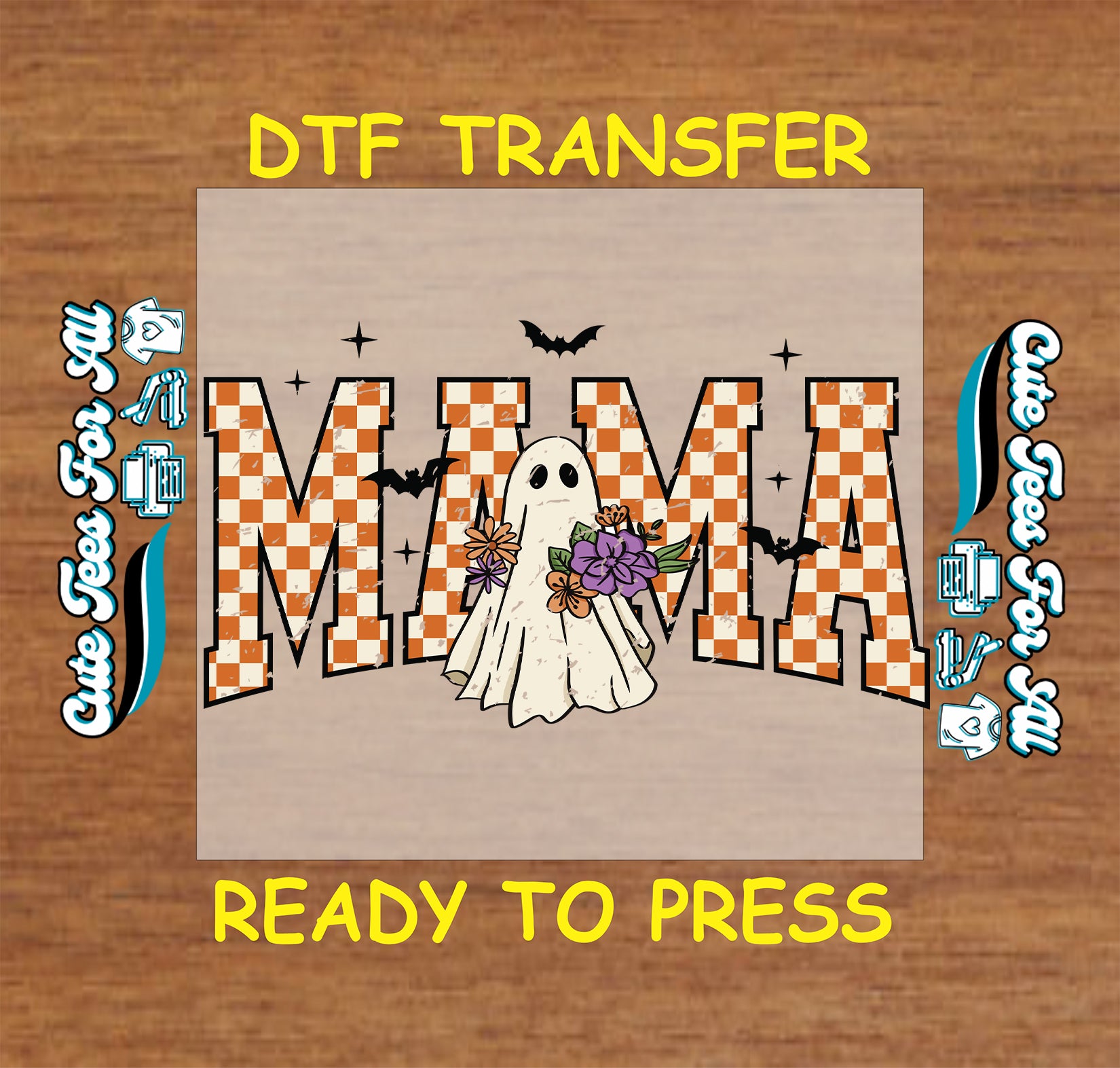 Ready to press dtf transfer with checkered orange MAMA text, ghost holding flowers, and bats for Halloween shirts

