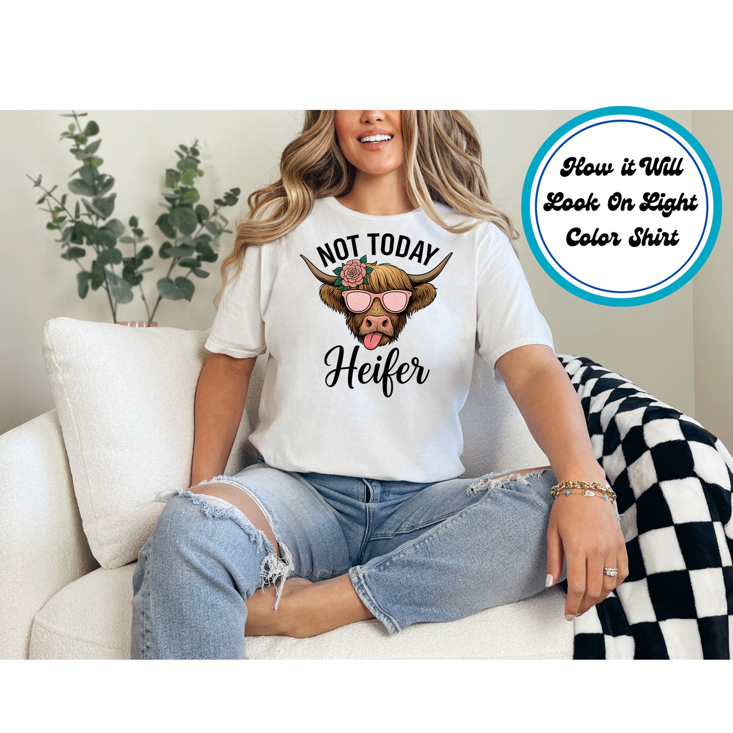 Funny DTF Transfer – Not Today Heifer Highland Cow with Glasses Ready to Press Iron on Heat Transfer DIY Shirts 11051