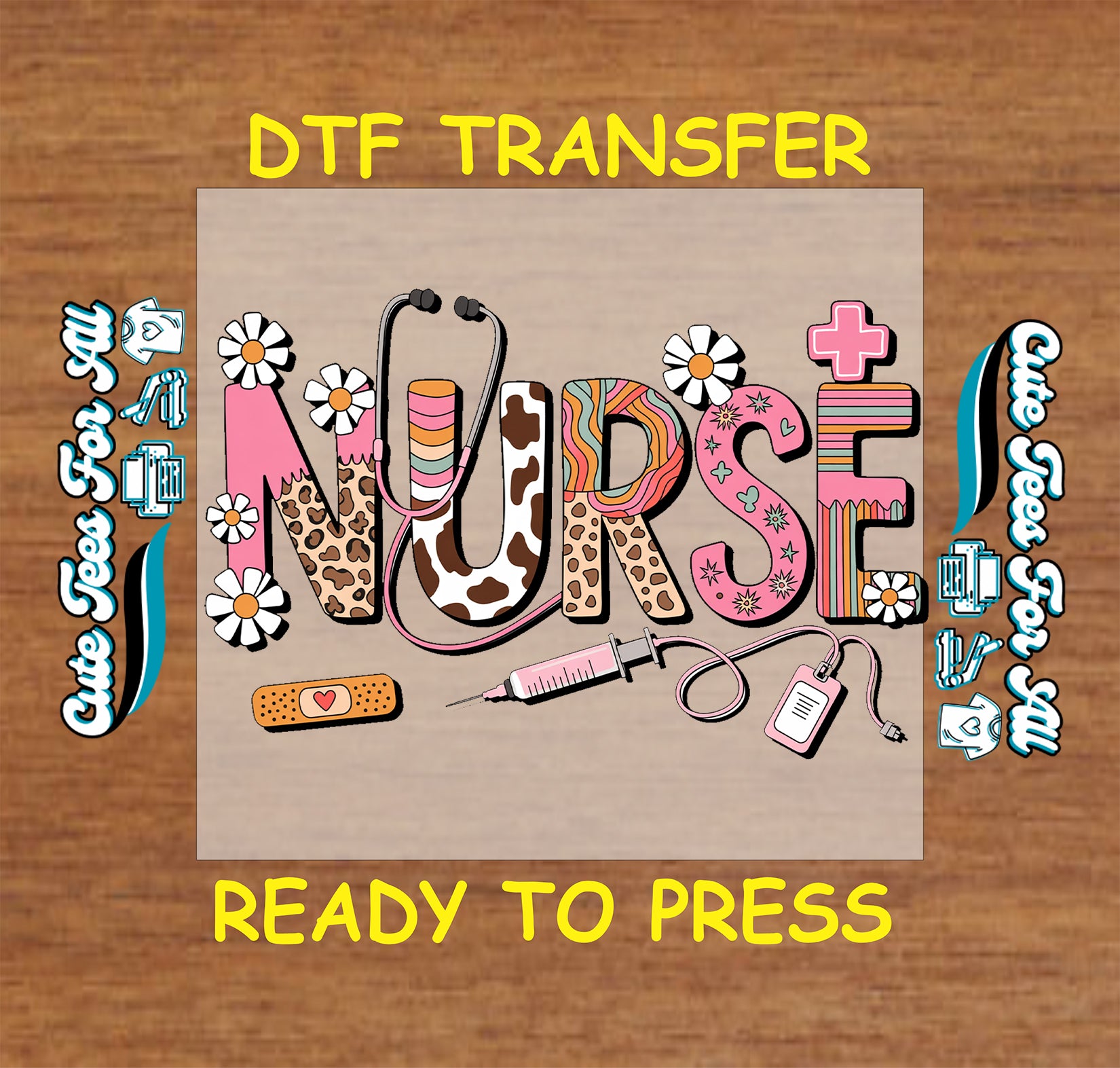 Ready to press dtf transfer with boho nurse letters, medical icons, pink florals, and cow print

