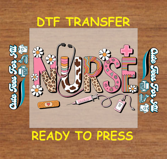 Ready to press dtf transfer with boho nurse letters, medical icons, pink florals, and cow print

