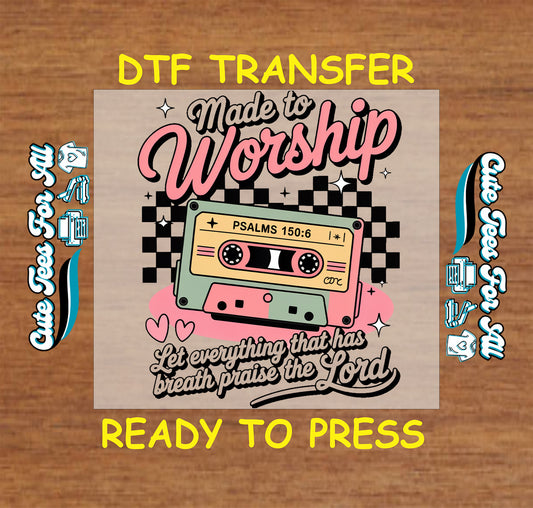 Ready to press dtf transfer with pastel cassette, checkerboard pattern, and worship praise text

