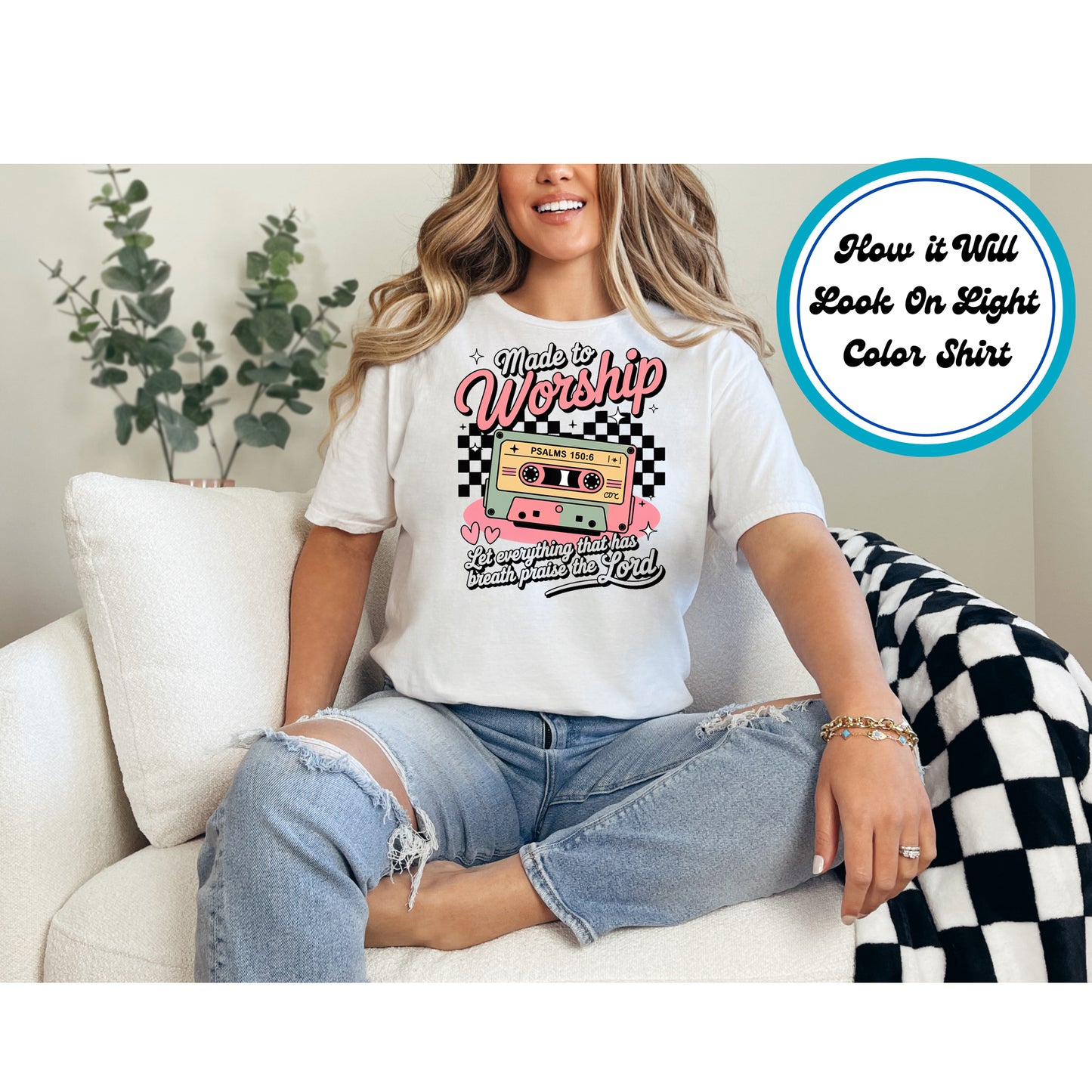 Worship DTF Transfer – Retro Cassette Checkerboard Praise Ready to Press Iron on Heat Transfer DIY Shirts 11056