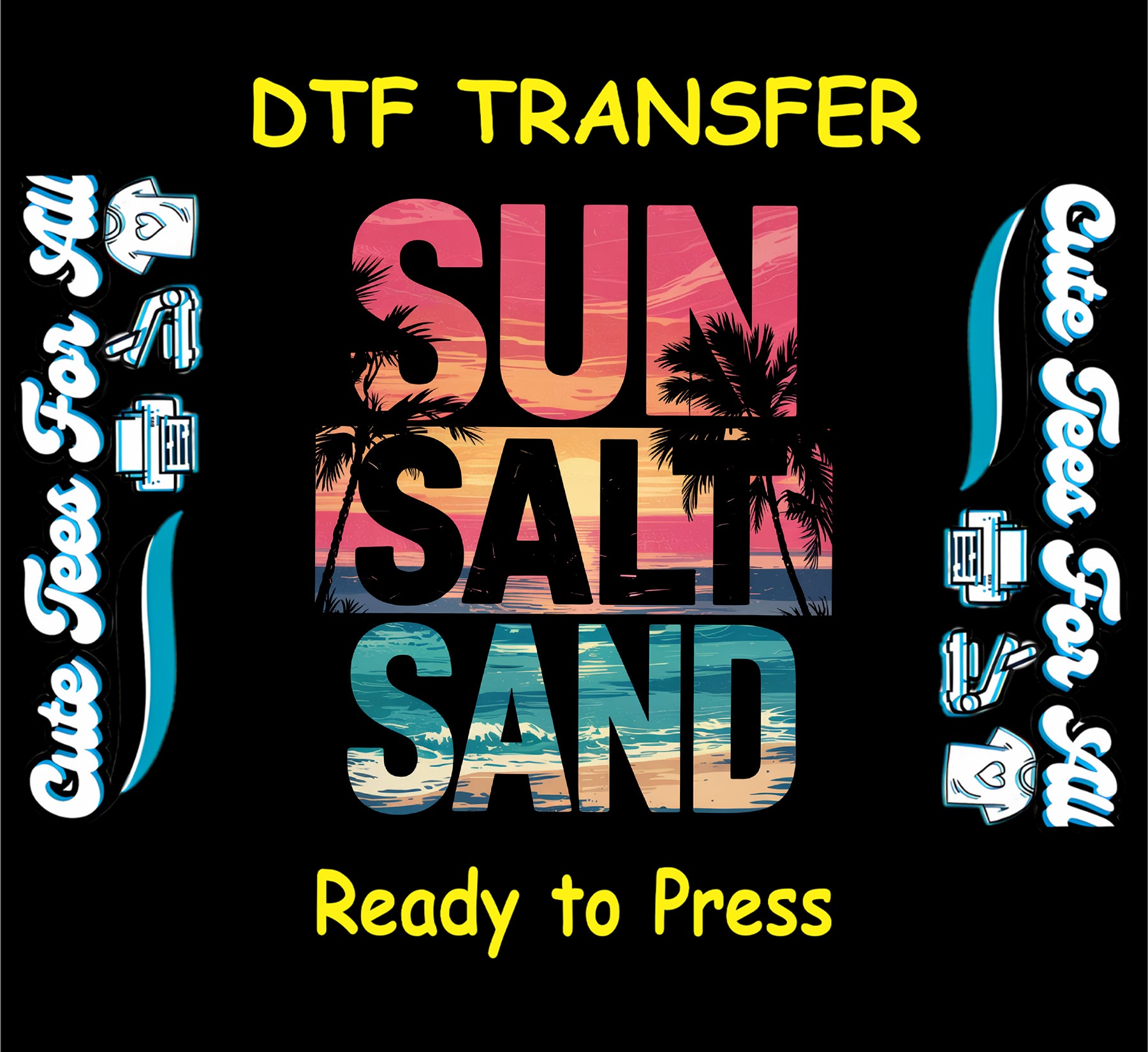 Sun Salt Sand beach retro palm tree ready to press dtf transfer for DIY shirts

