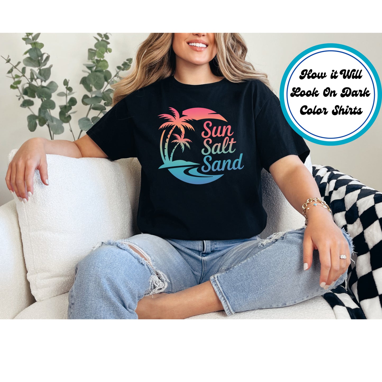 Beach DTF Transfer – Gradient Sunset Palm Sun Salt Sand Ready to Press Iron on Heat Transfer DIY Shirts 11064