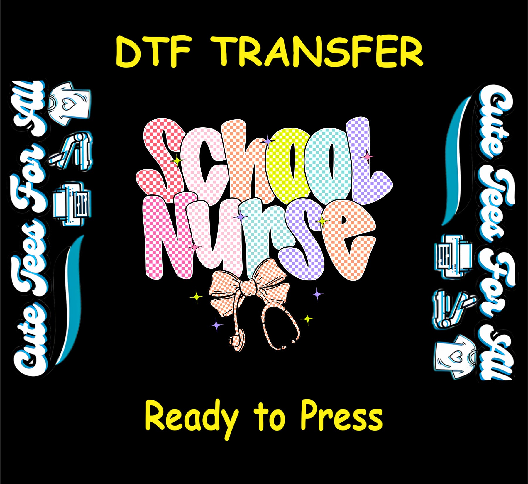 School Nurse rainbow checkered ready to press dtf transfer with bow and stethoscope

