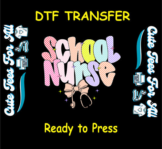School Nurse rainbow checkered ready to press dtf transfer with bow and stethoscope

