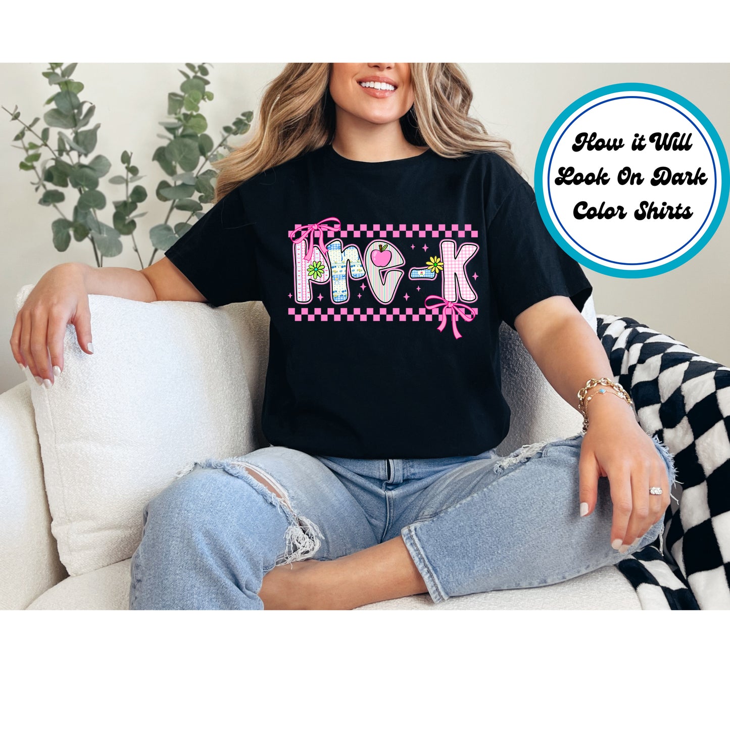 Pre-K DTF Transfer – Back to School Gingham Bow Ready to Press Iron on Heat Transfer DIY Shirts 11068
