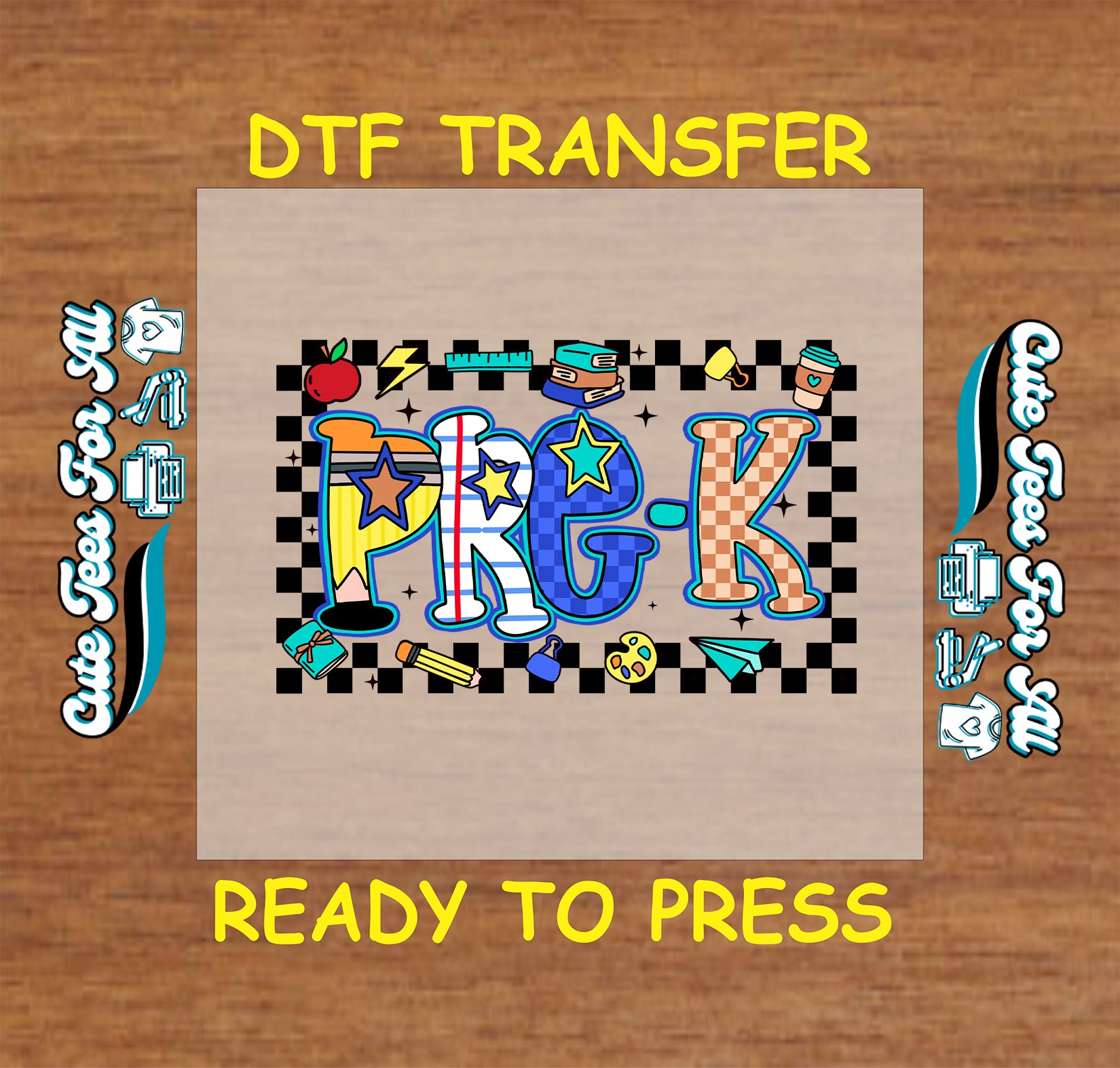 Colorful back to school pre-k checkerboard ready to press dtf transfer

