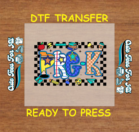 Colorful back to school pre-k checkerboard ready to press dtf transfer

