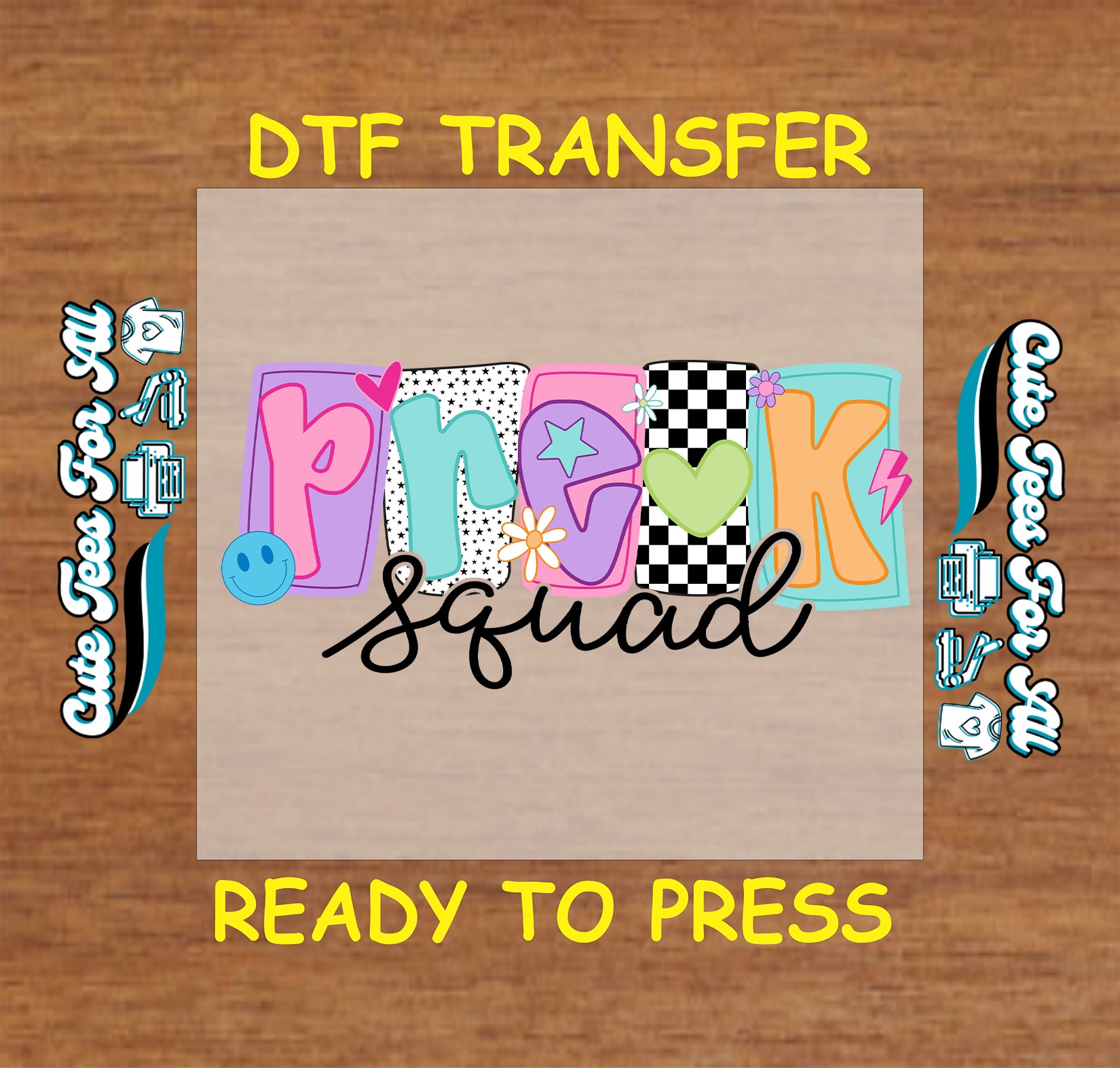 Pre-k squad dtf transfer with colorful block letters, smiley face, and checkerboard ready to press

