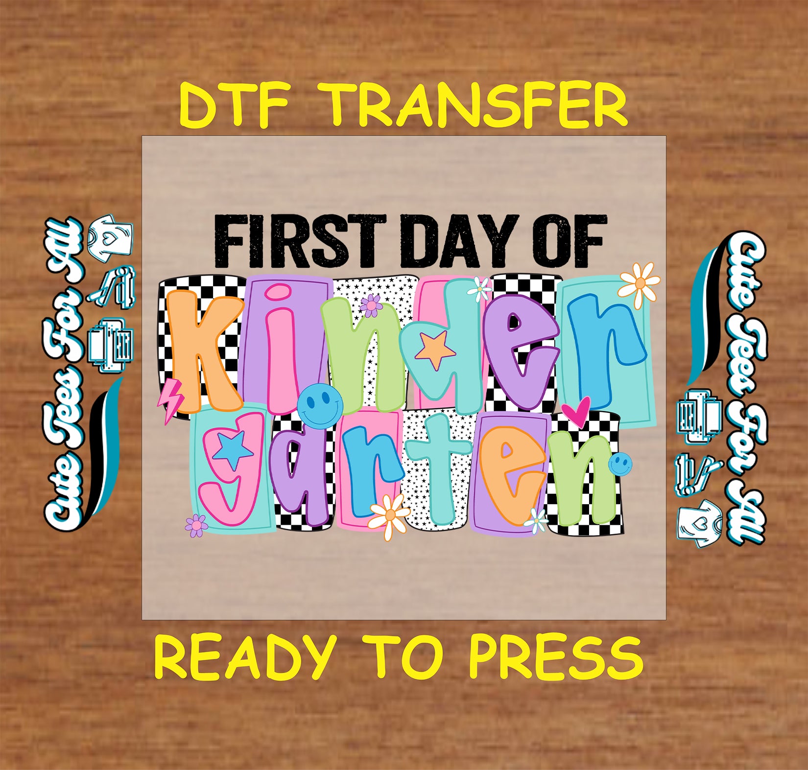 Colorful kindergarten dtf transfer with pastel letters, checkerboard, stars, and flowers ready to press

