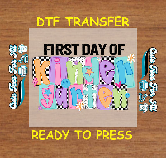 Colorful kindergarten dtf transfer with pastel letters, checkerboard, stars, and flowers ready to press


