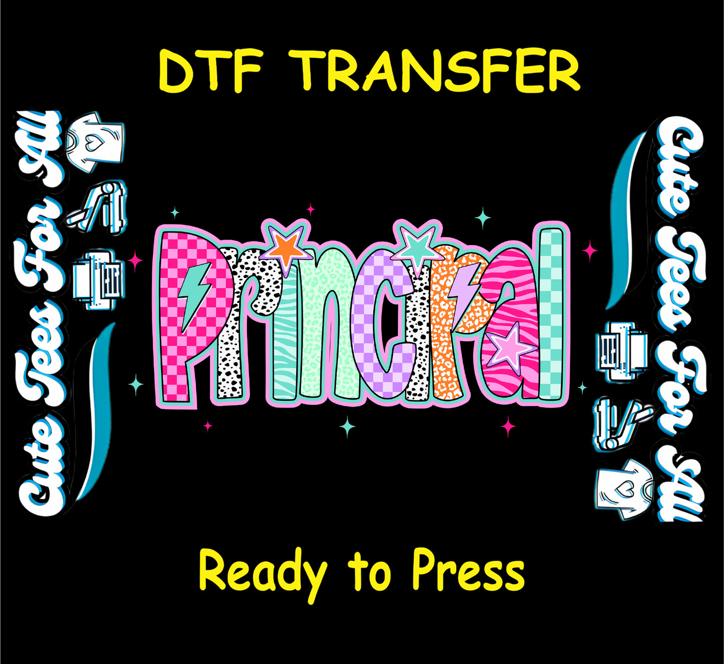 Principal ready to press dtf with colorful retro patterns, lightning bolts, and stars for DIY shirts

