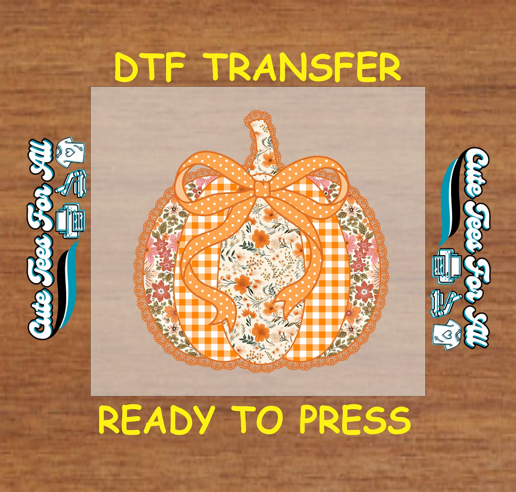 Fall pumpkin dtf transfer with floral pattern, gingham layers, and polka dot bow ready to press

