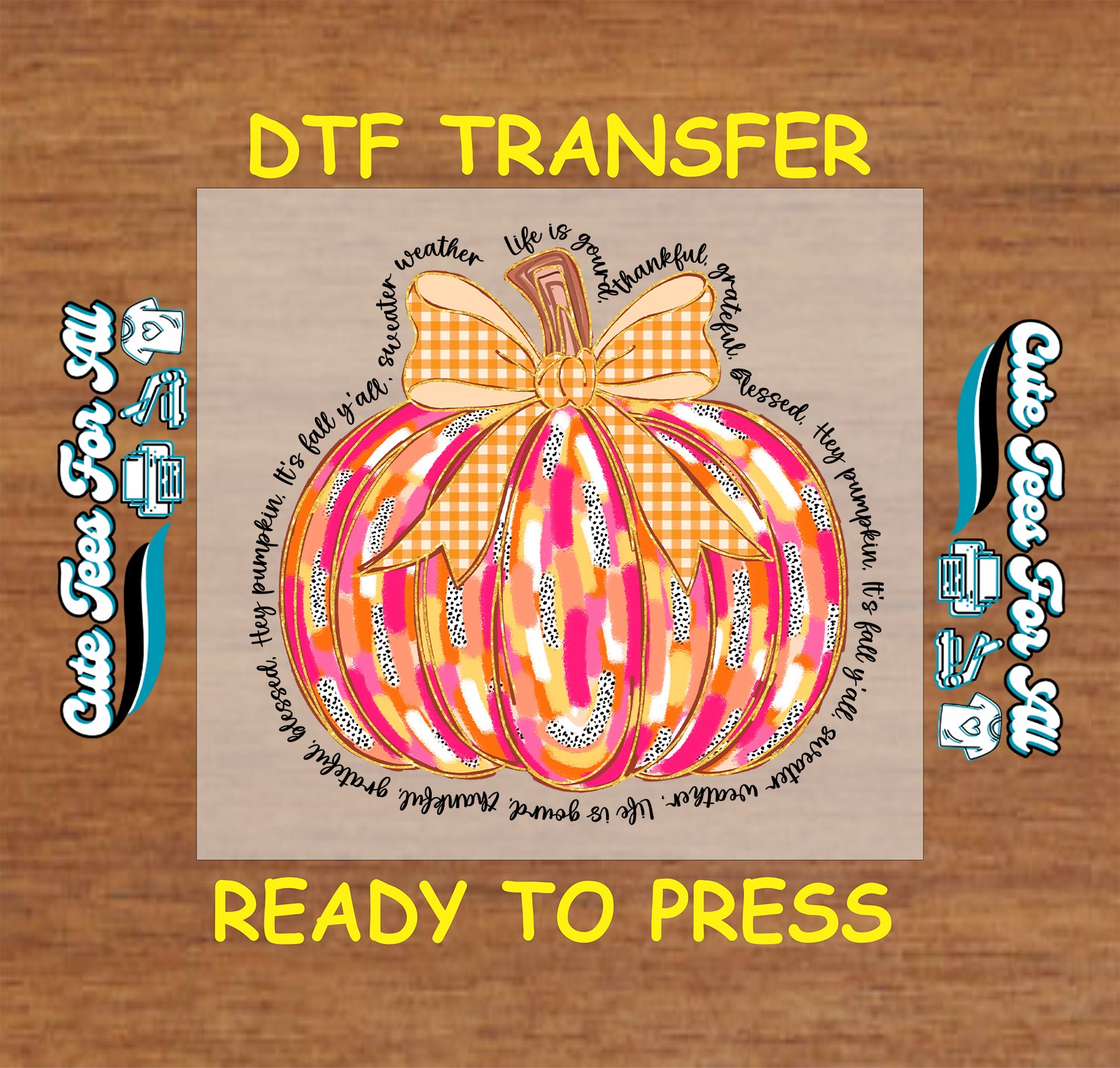 Colorful fall pumpkin dtf transfer with gingham bow and autumn phrases ready to press

