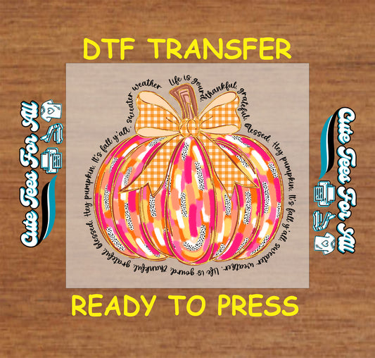 Colorful fall pumpkin dtf transfer with gingham bow and autumn phrases ready to press

