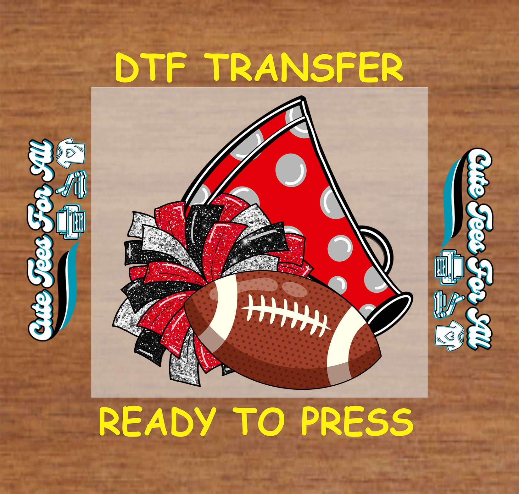 Football cheer dtf transfer with polka-dot megaphone, glitter pom poms, and football ready to press

