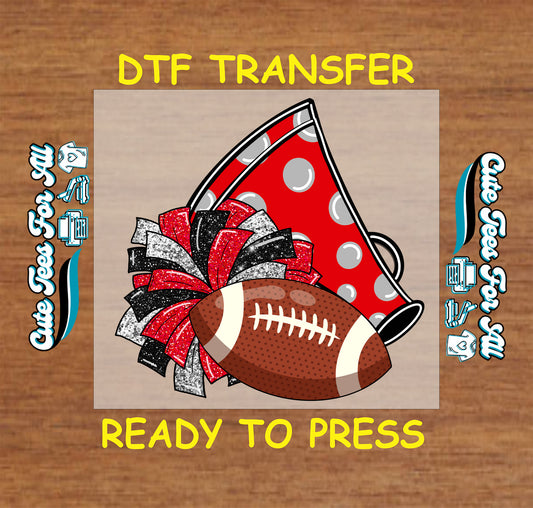 Football cheer dtf transfer with polka-dot megaphone, glitter pom poms, and football ready to press

