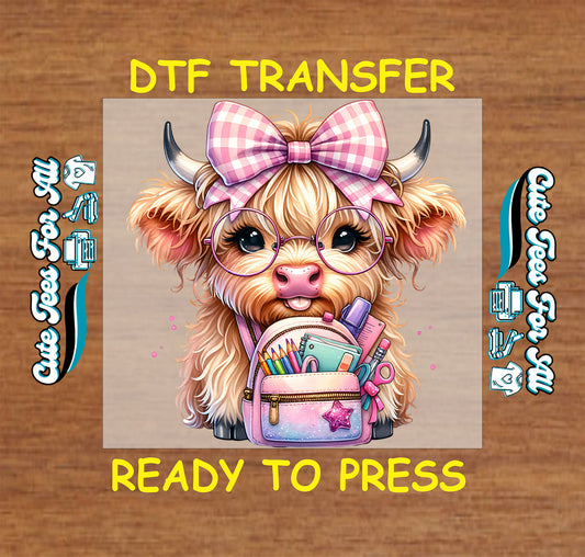 Highland cow with glasses, pink bow, and backpack ready to press dtf transfer for DIY shirts

