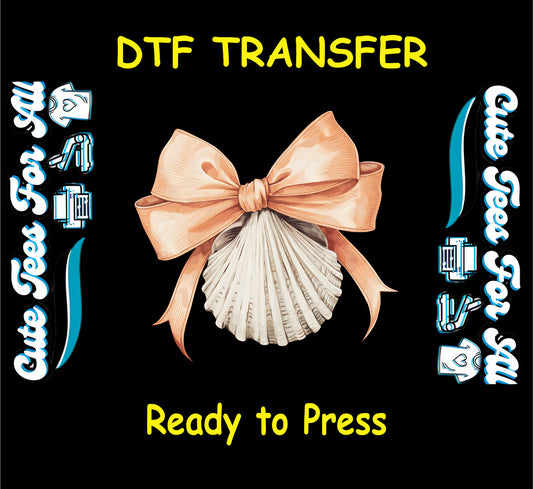 ready to press dtf featuring a seashell with peach bow, coastal summer beach theme


