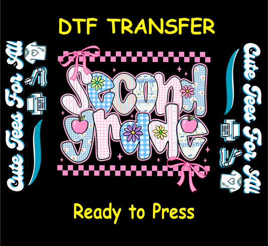 ready to press dtf featuring second grade text with gingham letters, flowers, and school theme

