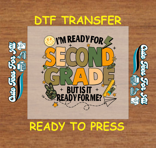 Second grade dtf transfer with bold letters, peace sign, pencil, ruler, and back to school icons ready to press

