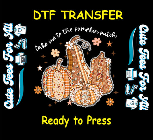 ready to press dtf with floral patchwork pumpkins, fall leaves, and autumn star accents

