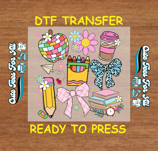 colorful back to school dtf transfer with crayons, bows, pencil and apple ready to press dtf


