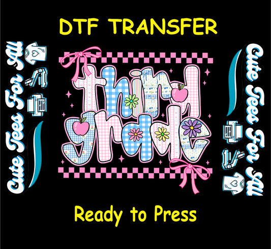 ready to press dtf with third grade text, gingham letters, apples, bows, and floral accents

