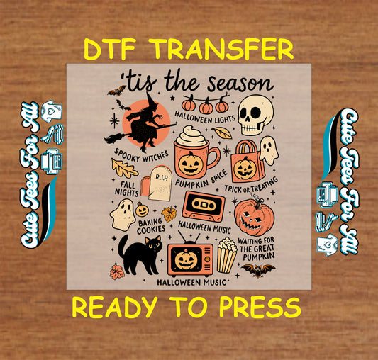 halloween ready to press dtf transfer with fall icons like pumpkins, cats, ghosts

