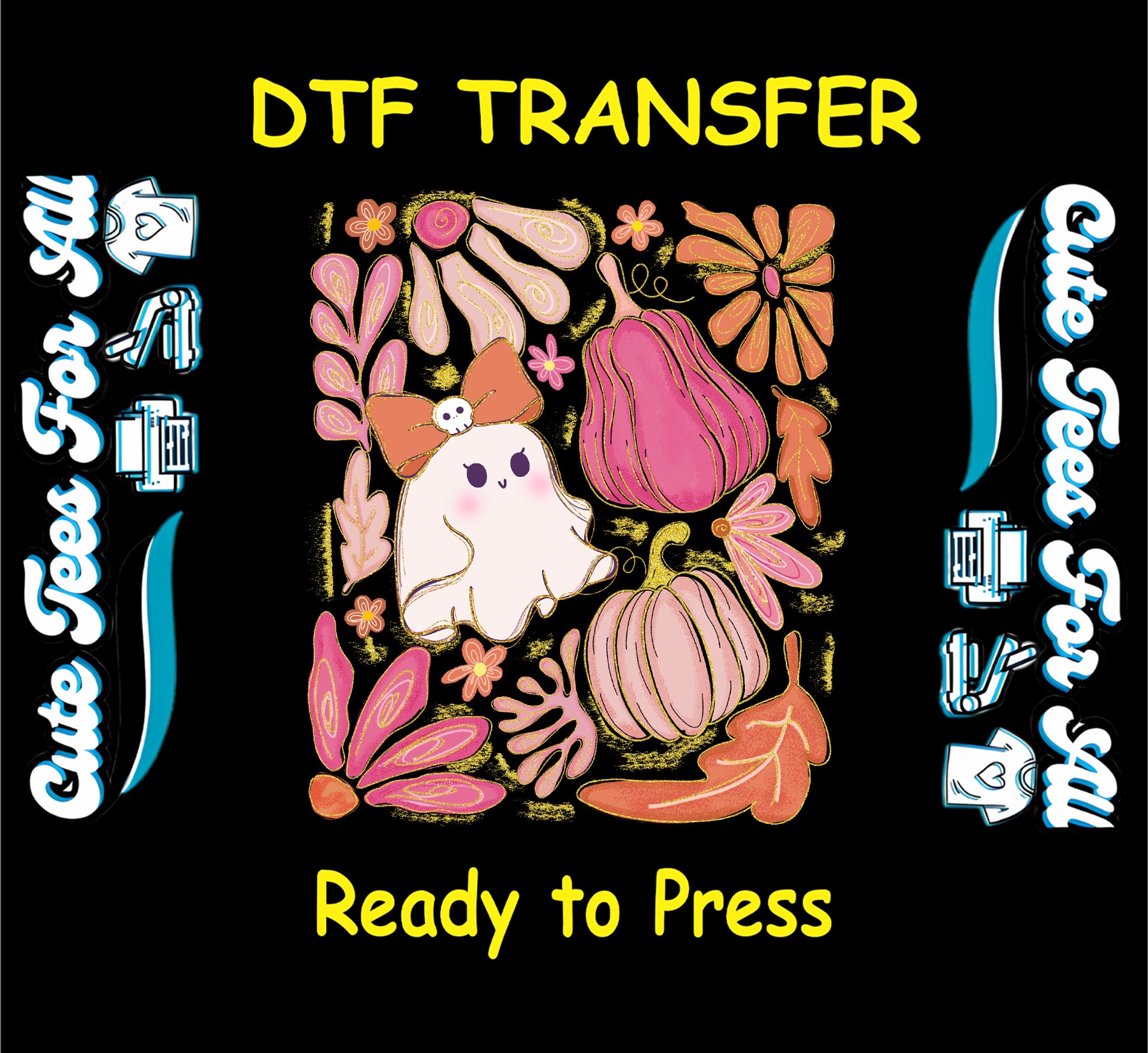 ready to press dtf with cute ghost, bow, pumpkins, flowers, and fall leaves

