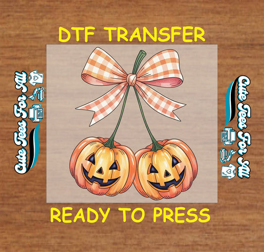 ready to press dtf transfer with jack-o'-lantern pumpkins and gingham bow for Halloween shirts

