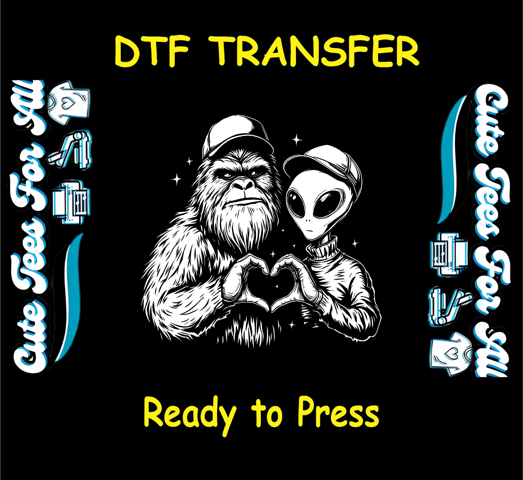 ready to press dtf with alien and sasquatch making a heart with hands, funny cryptid artwork

